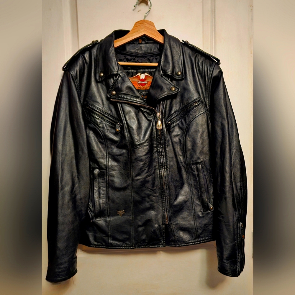 VTG Harley Davidson Women's Black Leather Riding Jacket Removeable Liner Size XL